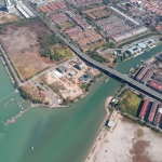 Drone shot of Malacca Marina, bridge &amp; river entrance