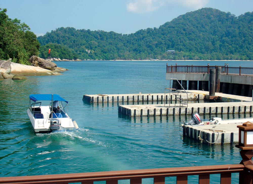 A resort's dinghy pontoons at Pankor Laut, Malaysia