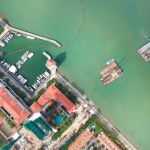 Drone shot of Straits Quay Marina showing the pilings for the upcoming Seri Tanjung Pinang Bridge