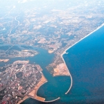 Aerial shot of the Terengganu breakwaters and river